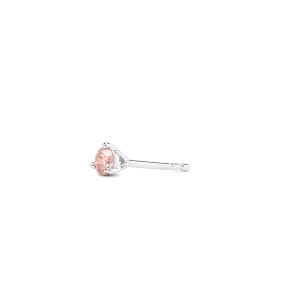 Side view of white gold, pink 0.25 carat total weight lab-grown round brilliant single stud