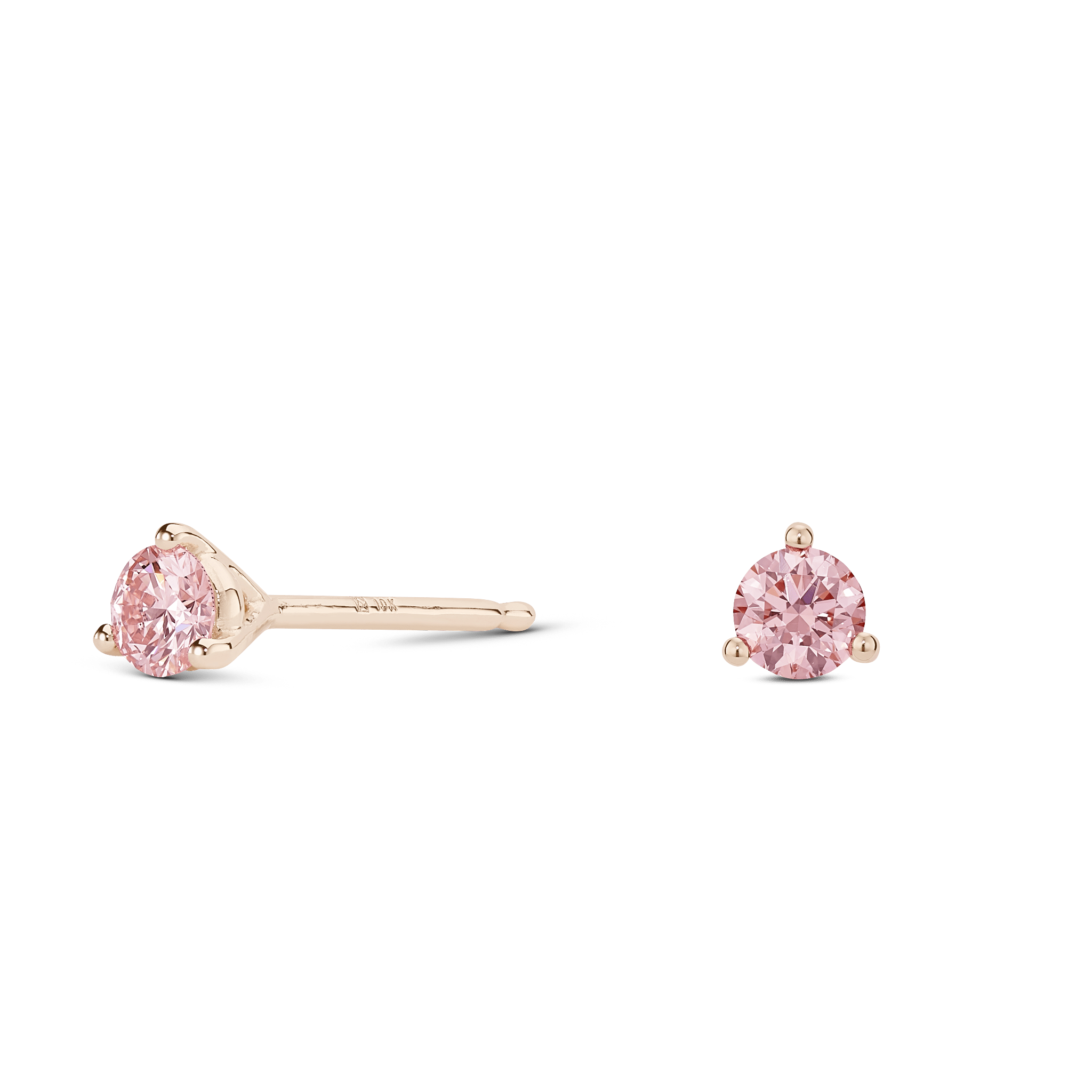 Side view of rose gold, lab-grown pink 0.25 carat total weight round brilliant studs