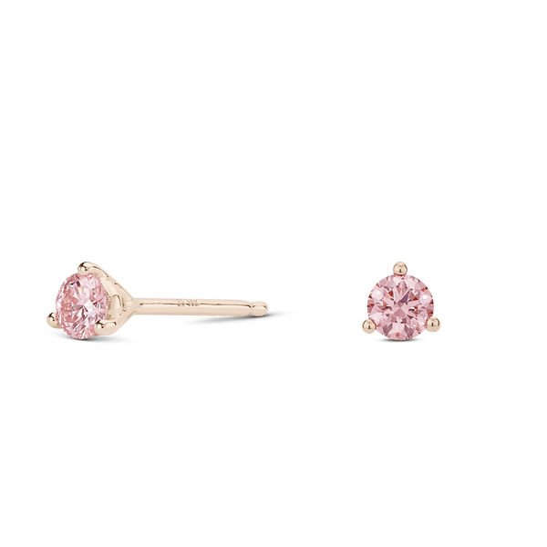 Side view of rose gold, lab-grown pink 0.25 carat total weight round brilliant studs