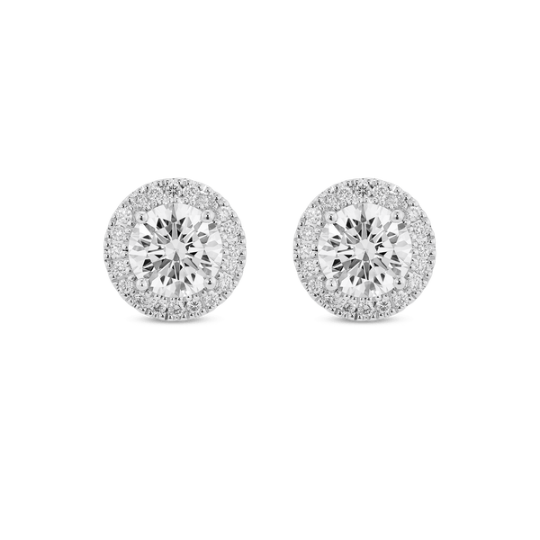 Front view of 2 carat total weight round brilliant halo studs