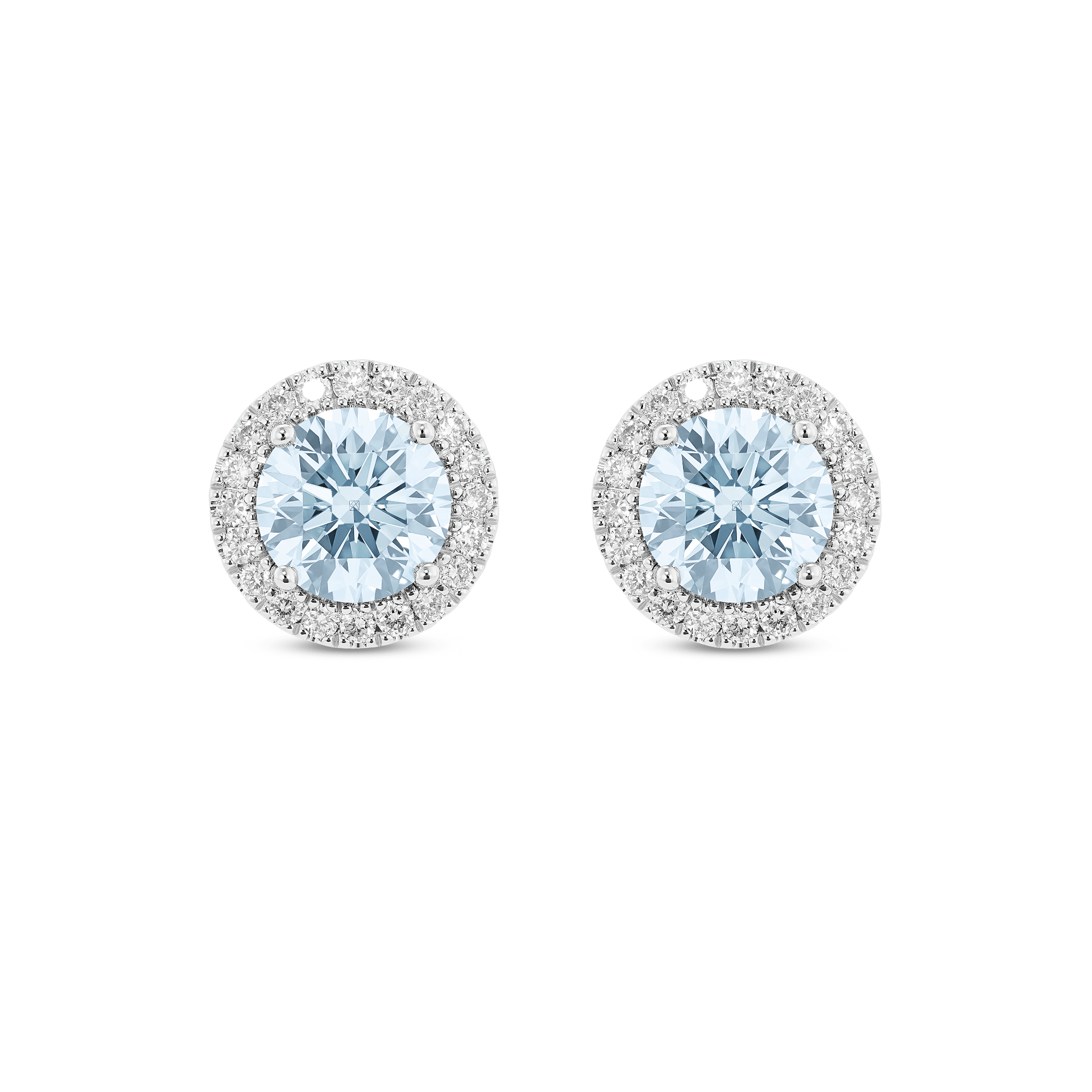 Front view of blue 2 carat total weight round brilliant halo studs