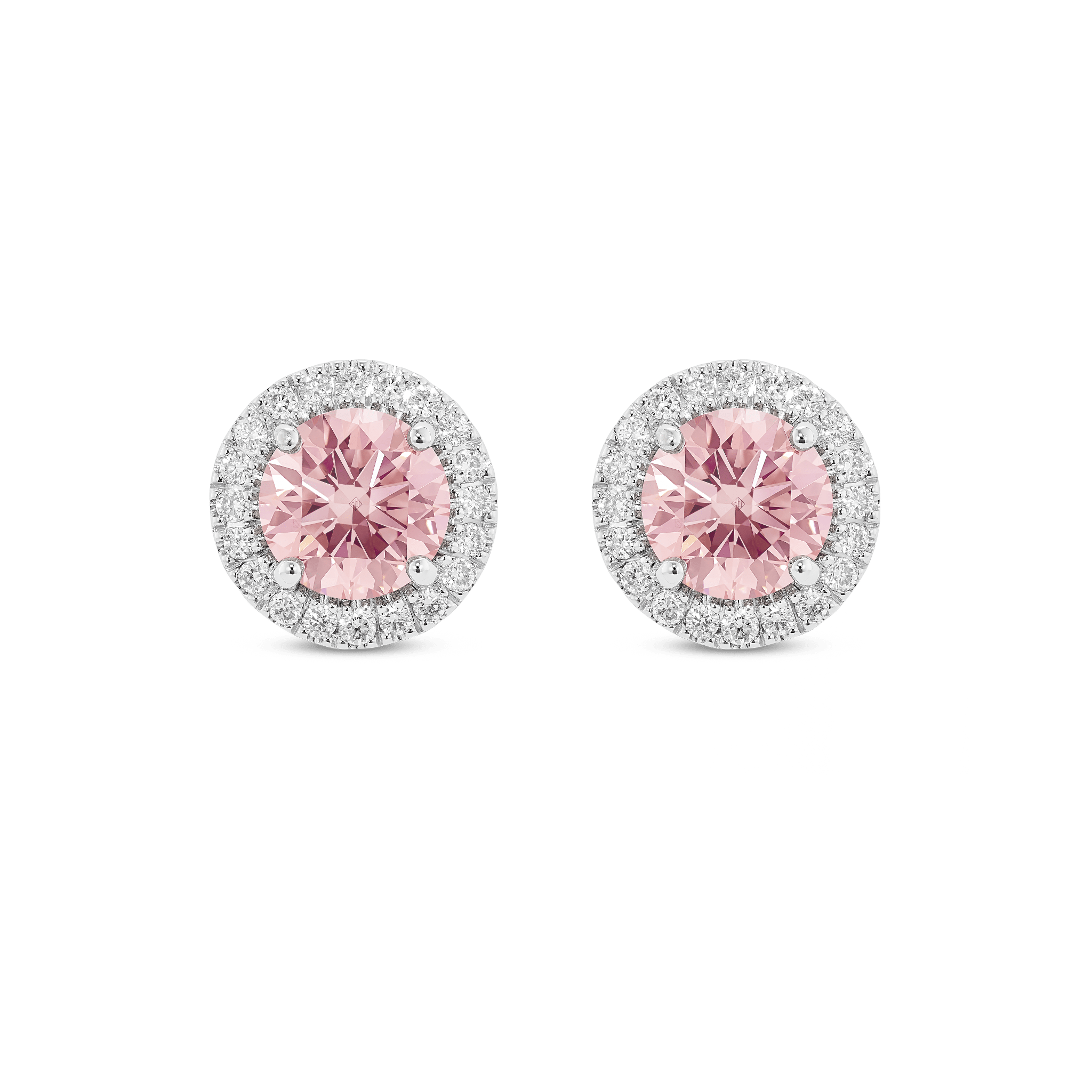 Front view of pink 2 carat total weight round brilliant halo studs