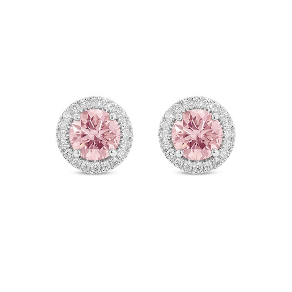 Front view of pink 2 carat total weight round brilliant halo studs