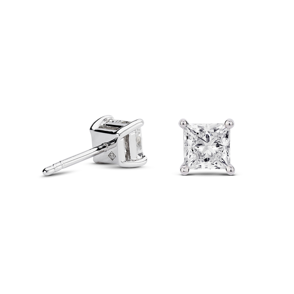 Back view of white gold 2 carat total weight lab-grown princess cut studs