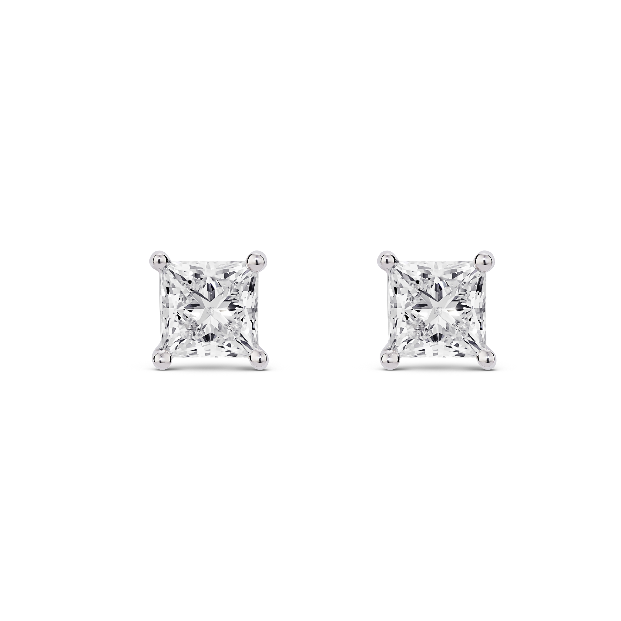 Front view of white gold 2 carat total weight lab-grown princess cut studs