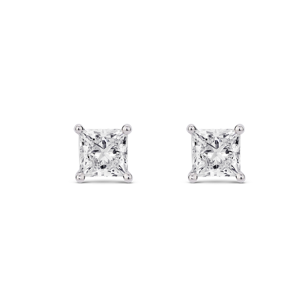 Front view of white gold 2 carat total weight lab-grown princess cut studs