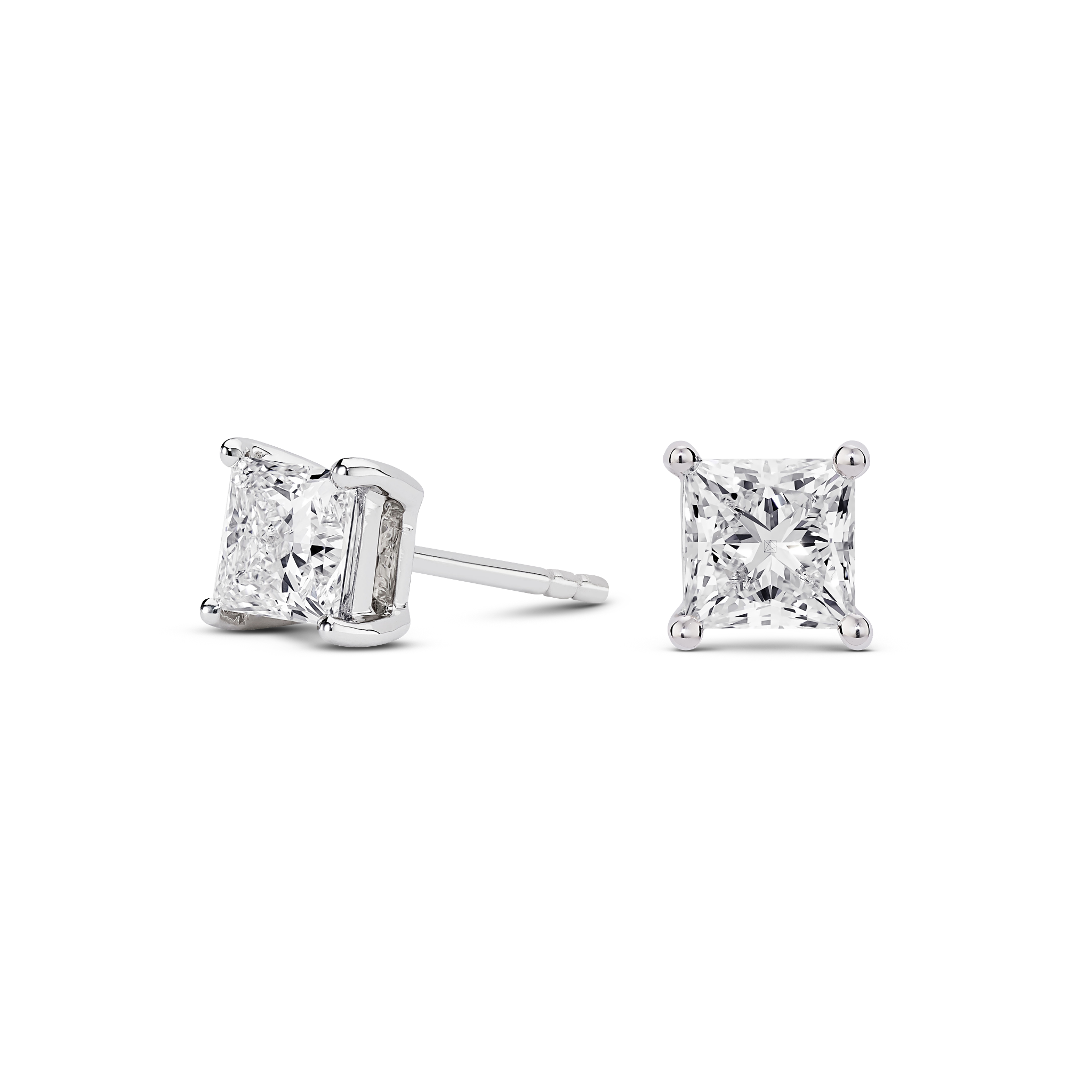 Side view of white gold 2 carat total weight lab-grown princess cut studs