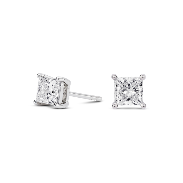 Side view of white gold 2 carat total weight lab-grown princess cut studs