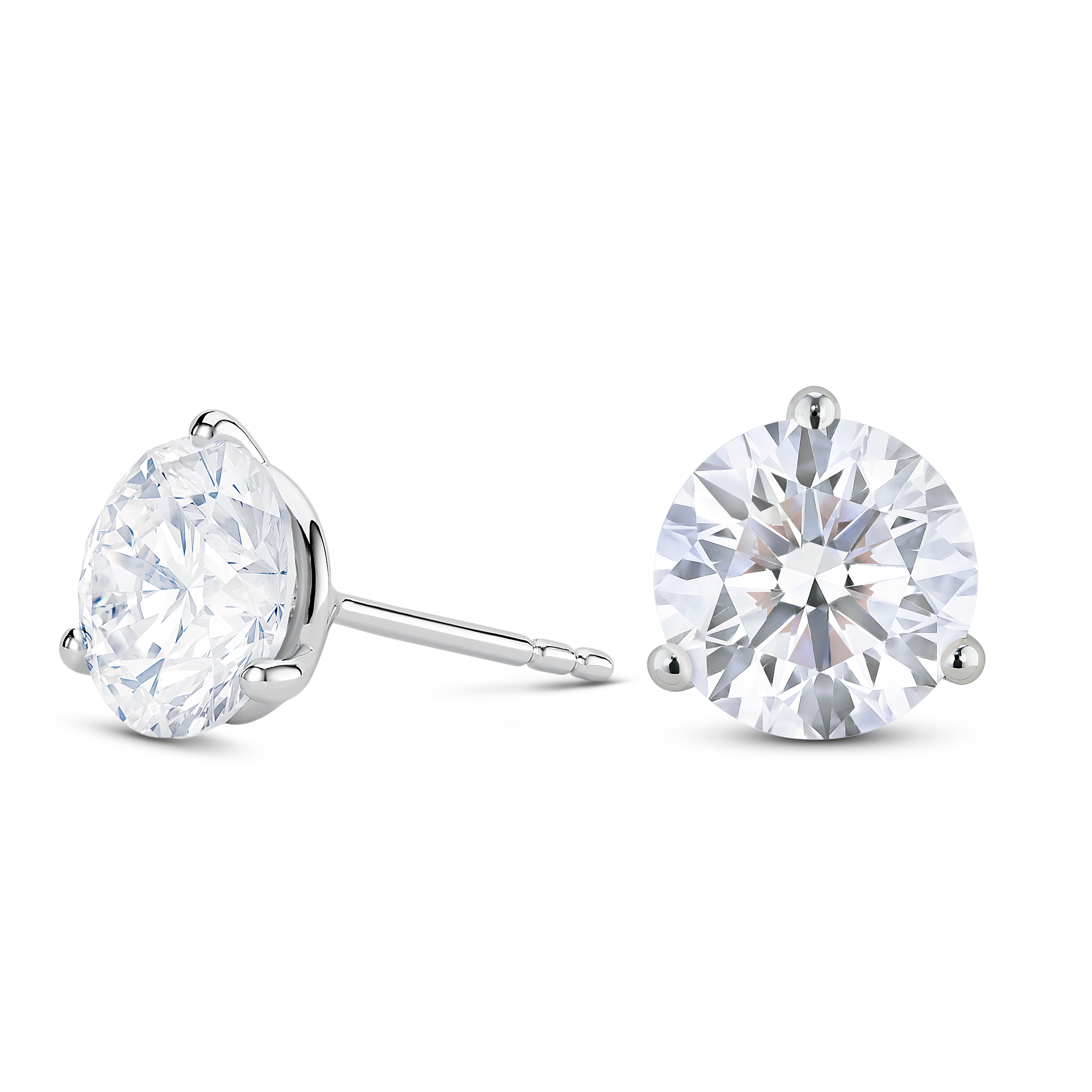 Side view of white gold, lab-grown 4 carat total weight round brilliant studs