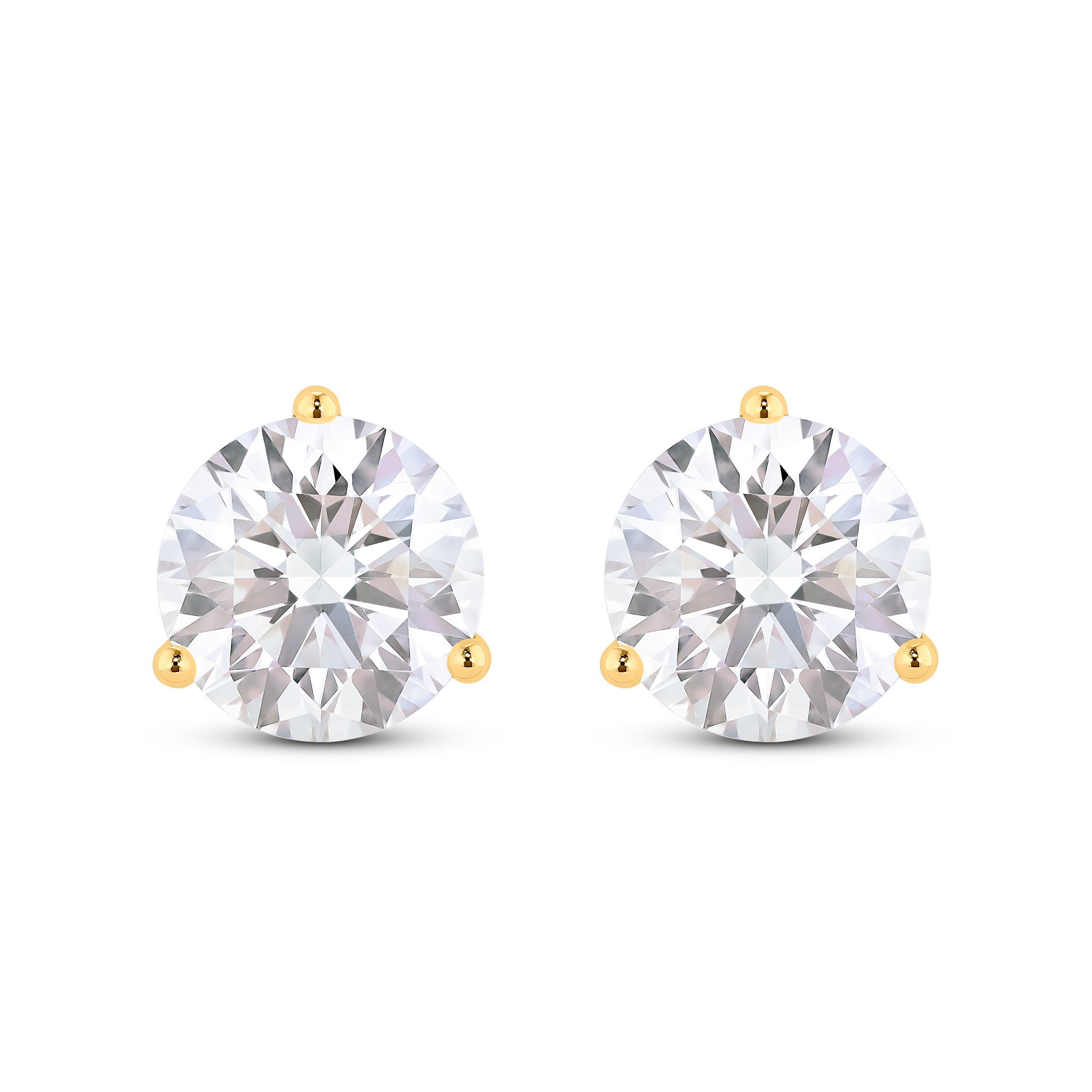 Front view of yellow gold, lab-grown 4 carat total weight round brilliant studs