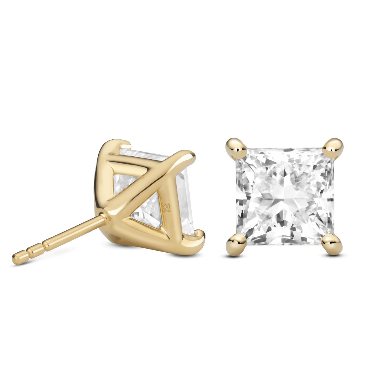 Back view of 4 carat princess cut studs in yellow gold