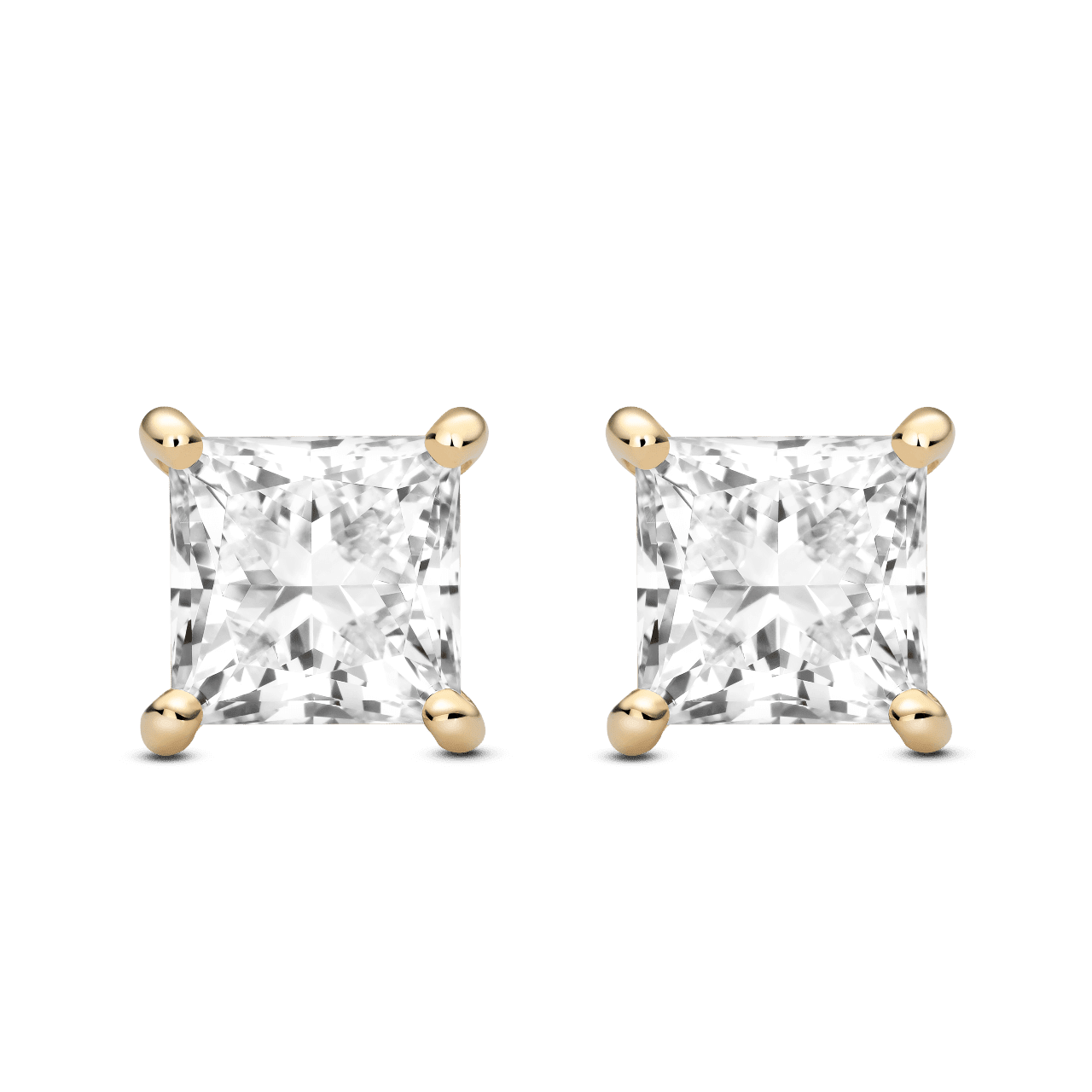 Front view of 4 carat princess cut studs in yellow gold