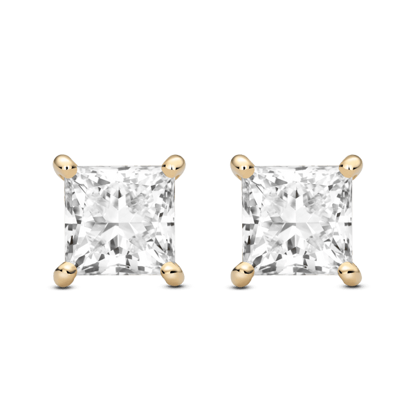 Front view of 4 carat princess cut studs in yellow gold