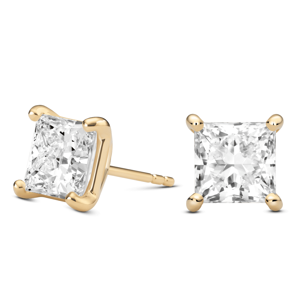 Side view of 4 carat princess cut studs in yellow gold