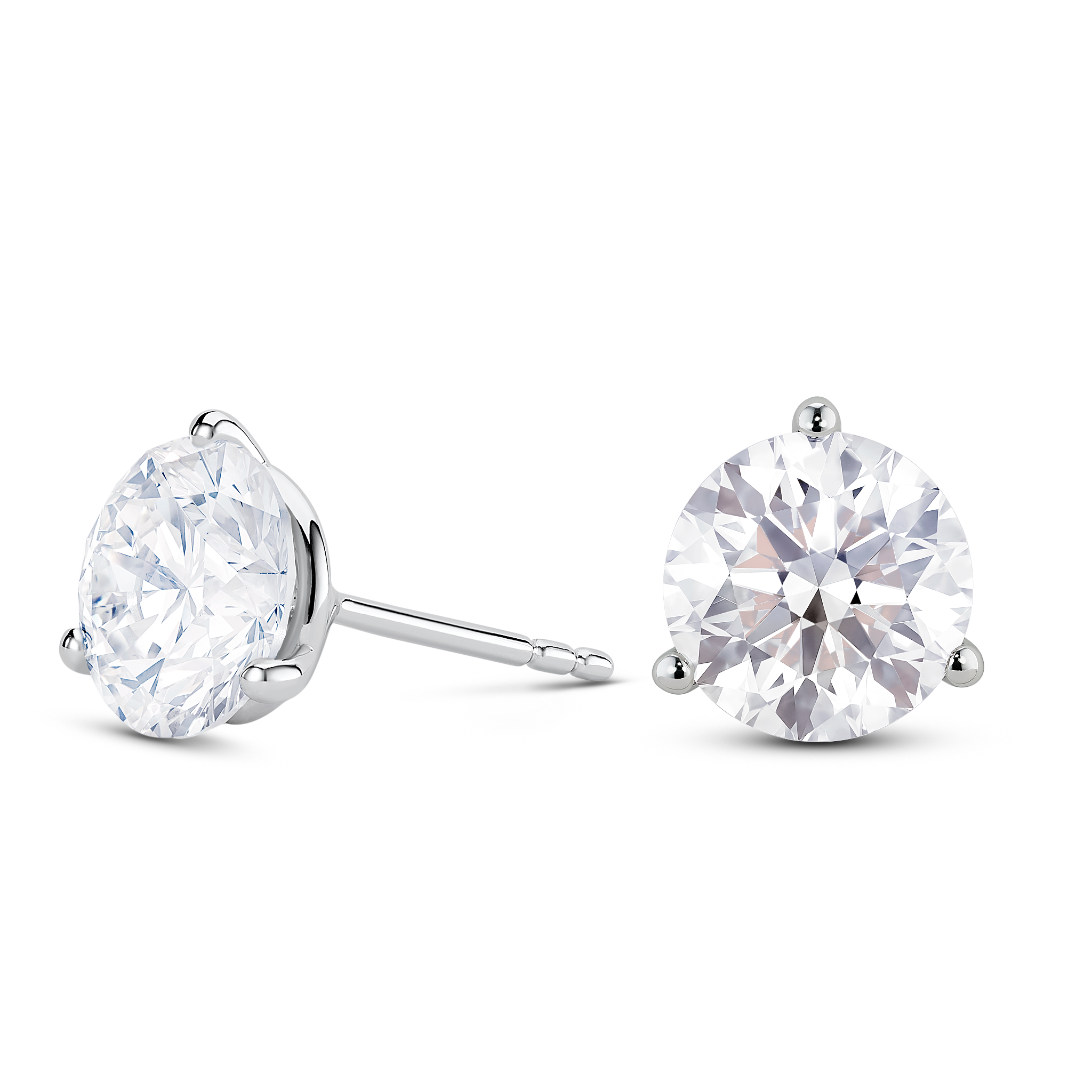 Side view of white gold, lab-grown 3.5 carat total weight round brilliant studs