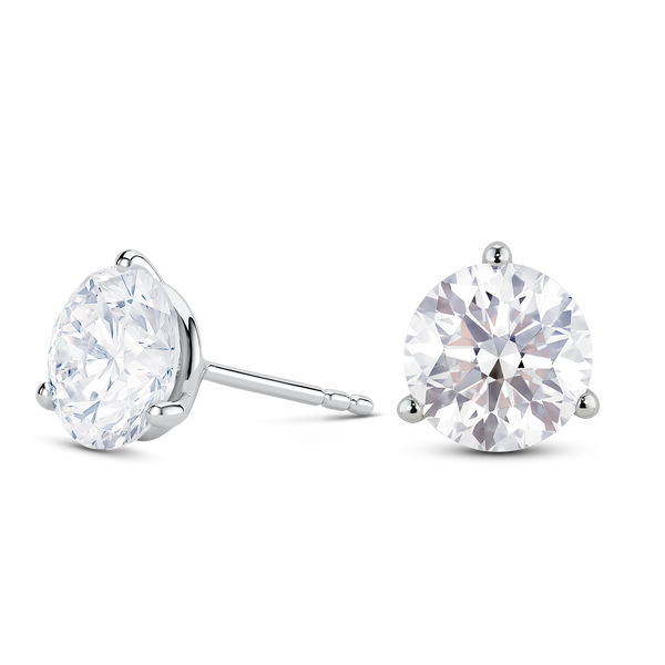 Side view of white gold, lab-grown 3.5 carat total weight round brilliant studs