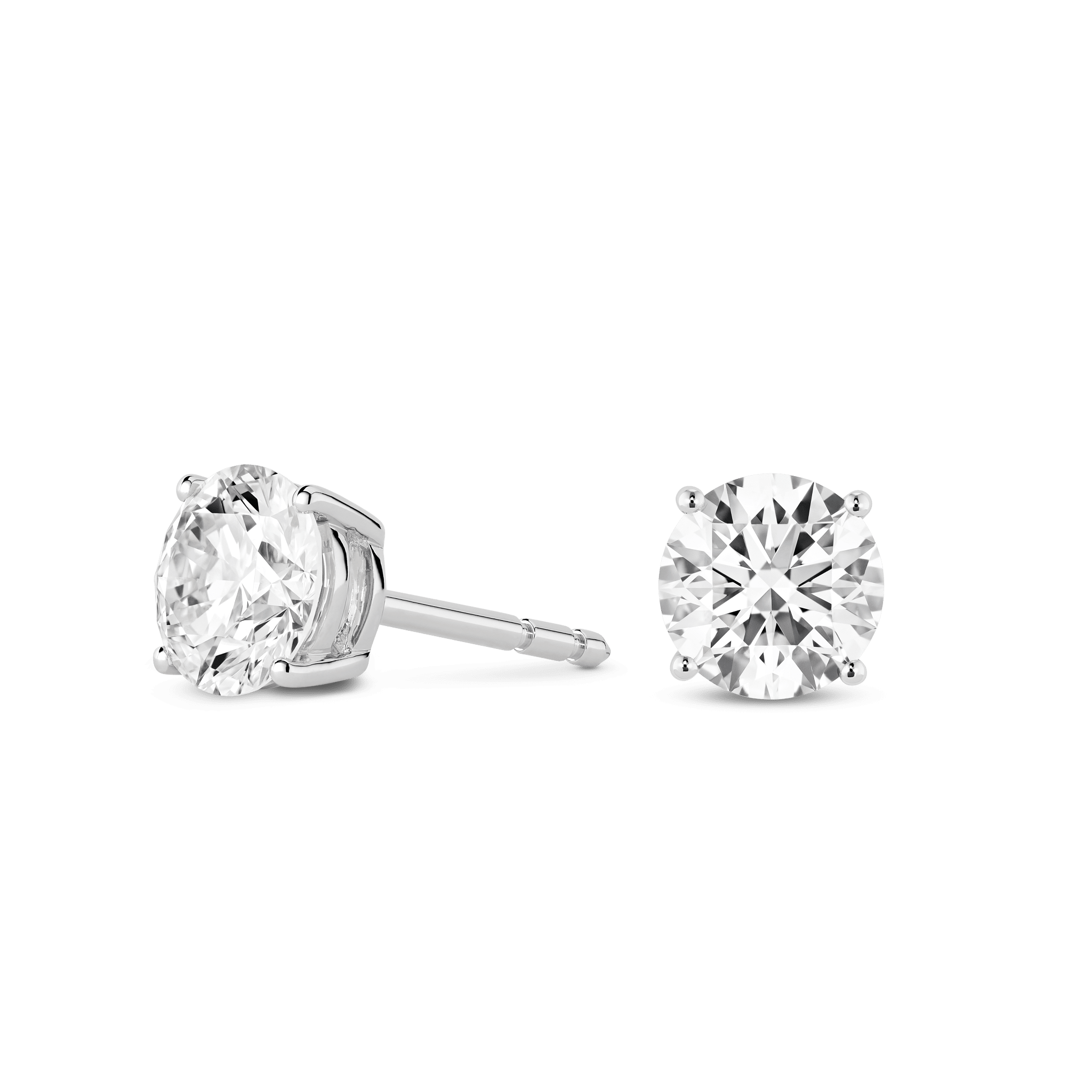 Side view of white gold, lab-grown 2 carat total weight round brilliant studs