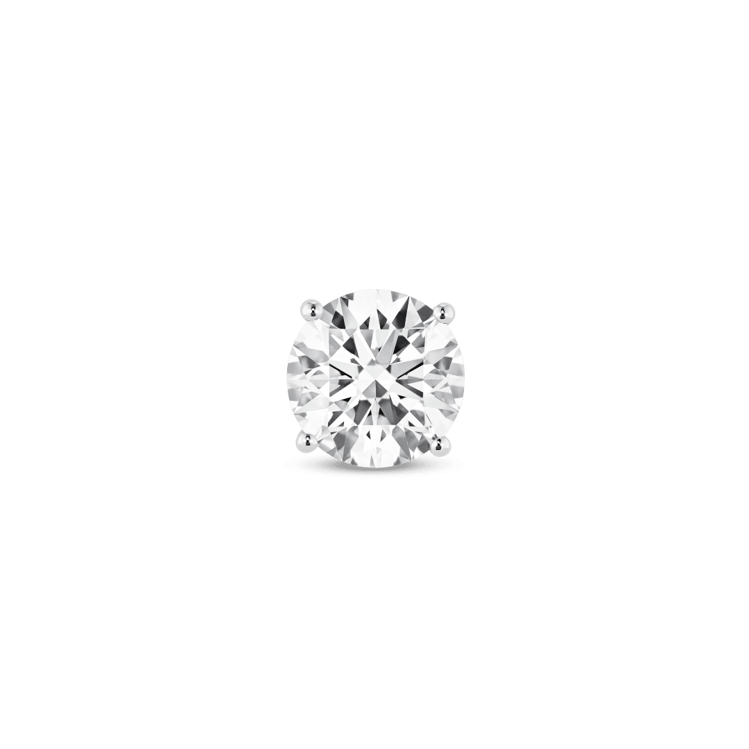 Front view of 1 carat round brilliant 18k white gold single stud