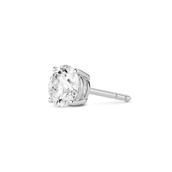 Side view of 1 carat round brilliant 18k white gold single stud