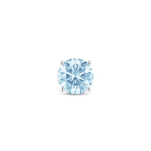 Front view of a 1 carat blue round brilliant, 18k white gold single stud