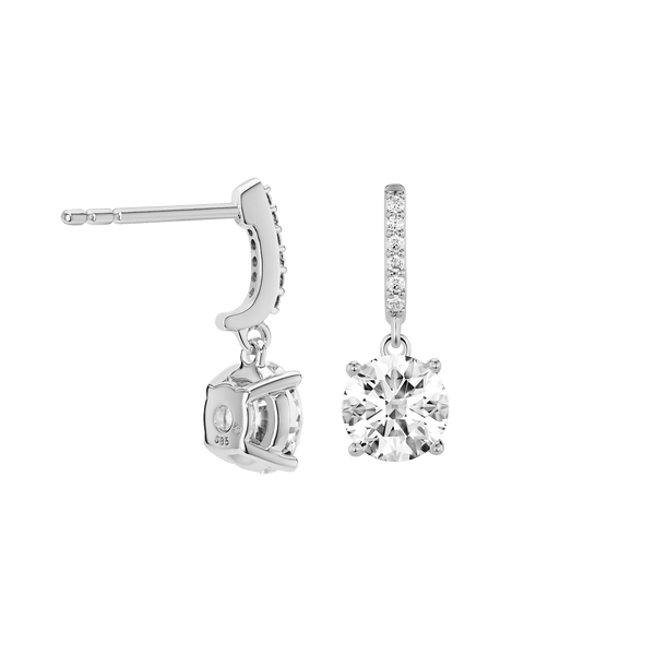 Back view of white gold, lab-grown 2 carat total weight round brilliant drop earrings