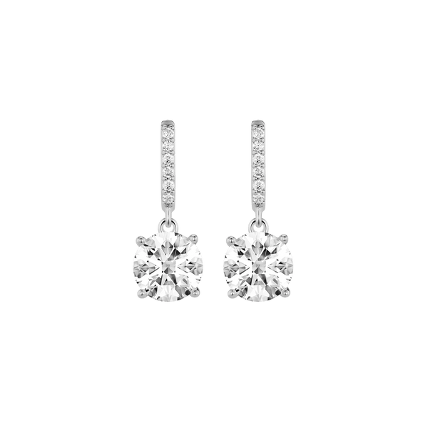 Front view of white gold, lab-grown 2 carat total weight round brilliant drop earrings