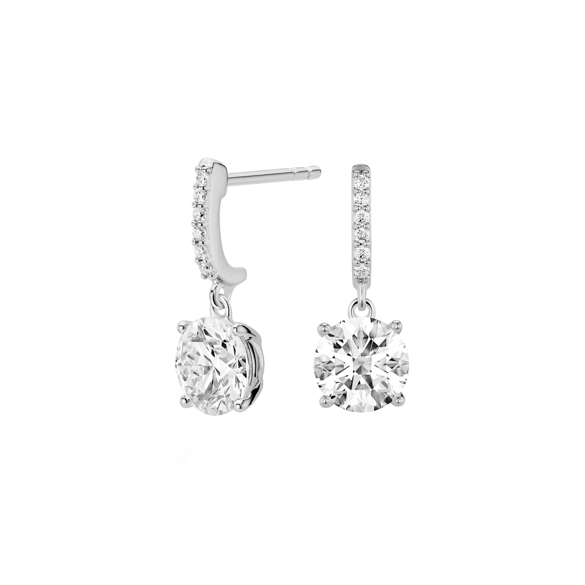 Side view of white gold, lab-grown 2 carat total weight round brilliant drop earrings