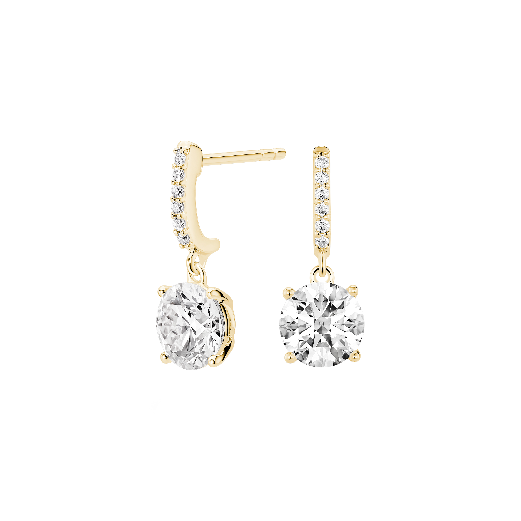 Side view of yellow gold, lab-grown 2 carat total weight round brilliant drop earrings