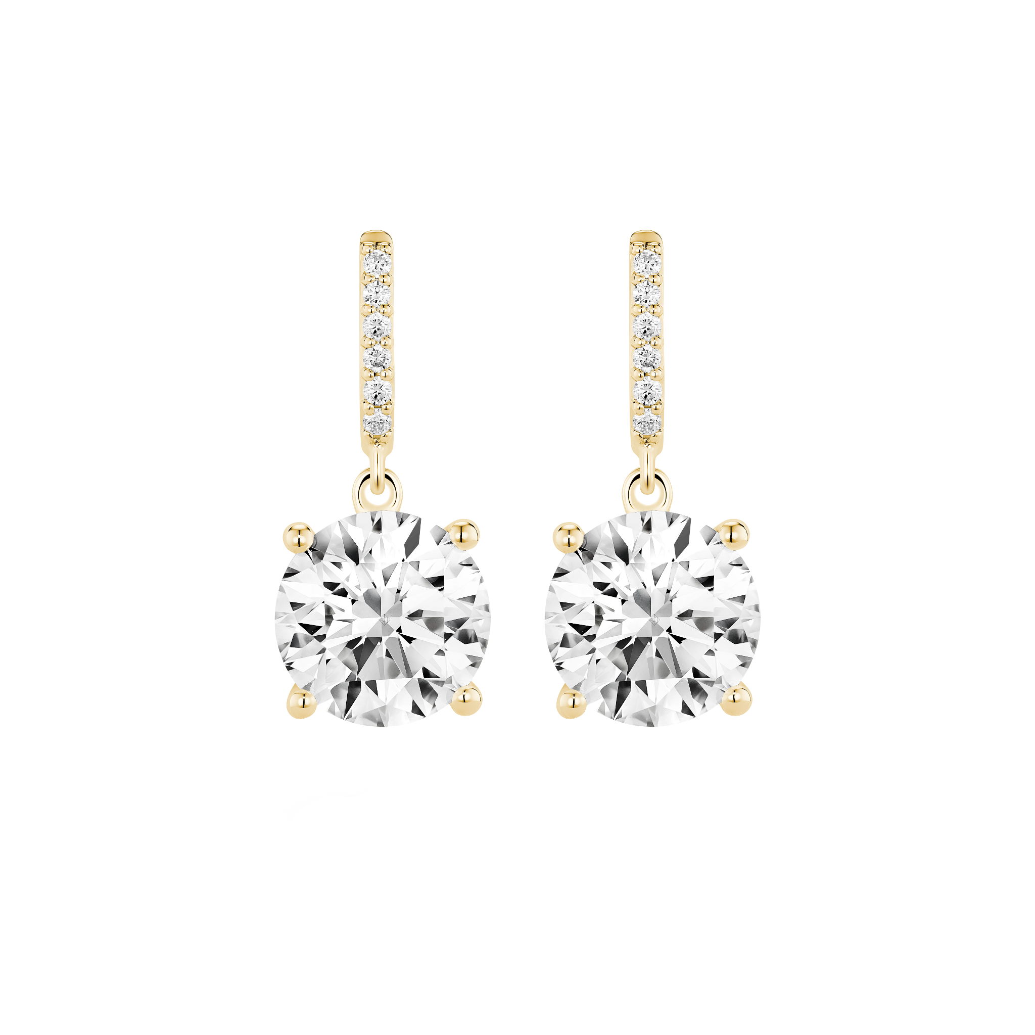 Front view of yellow gold, lab-grown 4 carat total weight round brilliant drop earrings