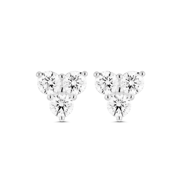 Front view of white gold 0.6 carat total weight mini trio studs