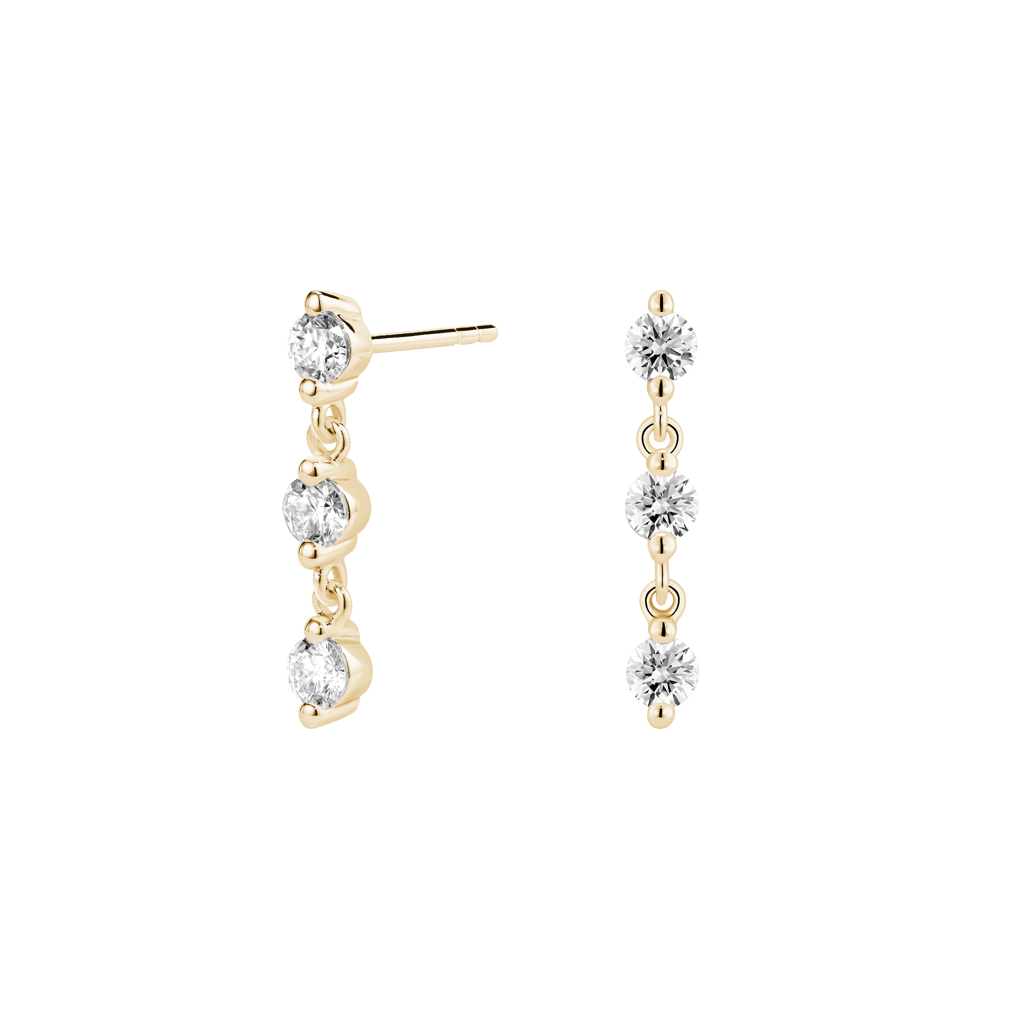 Side view of yellow gold 8/9 carat total weight line earrings