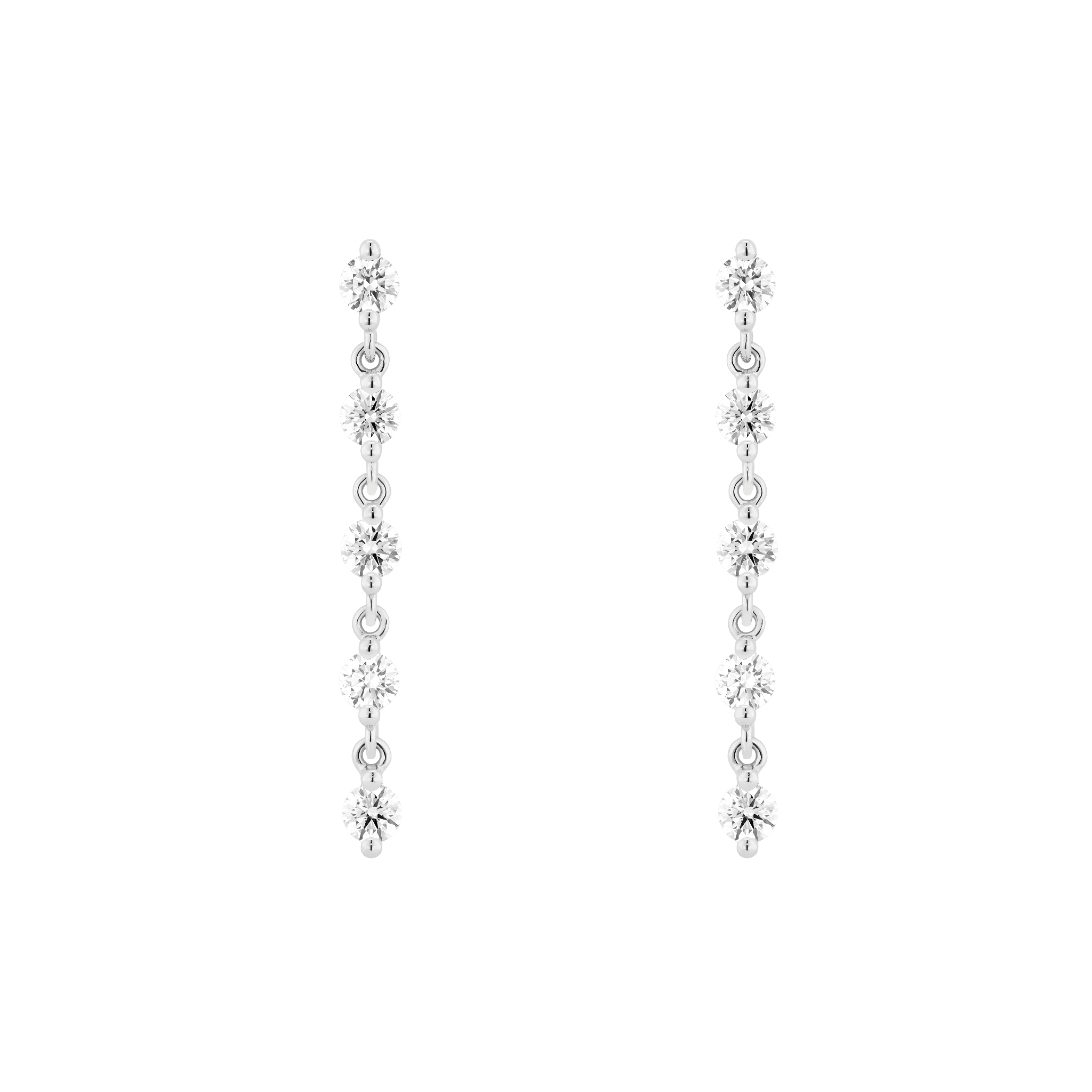 Front view of white gold 1.5 carat total weight line drop earrings