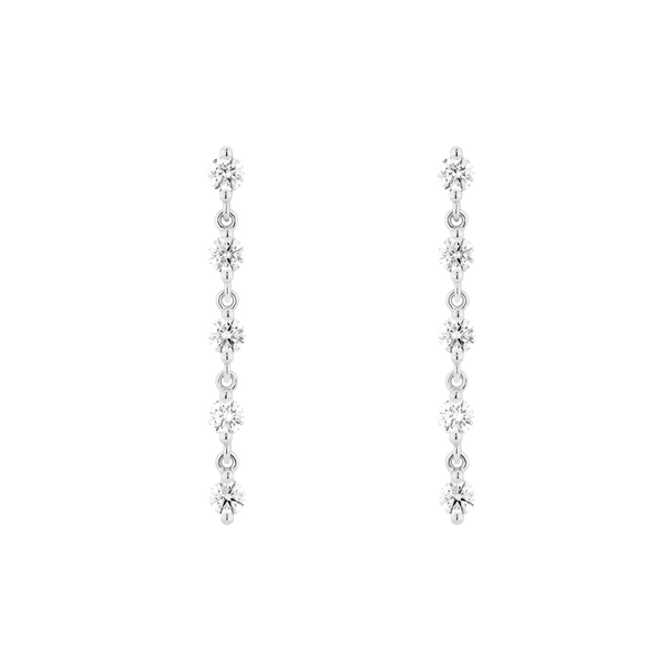 Front view of white gold 1.5 carat total weight line drop earrings