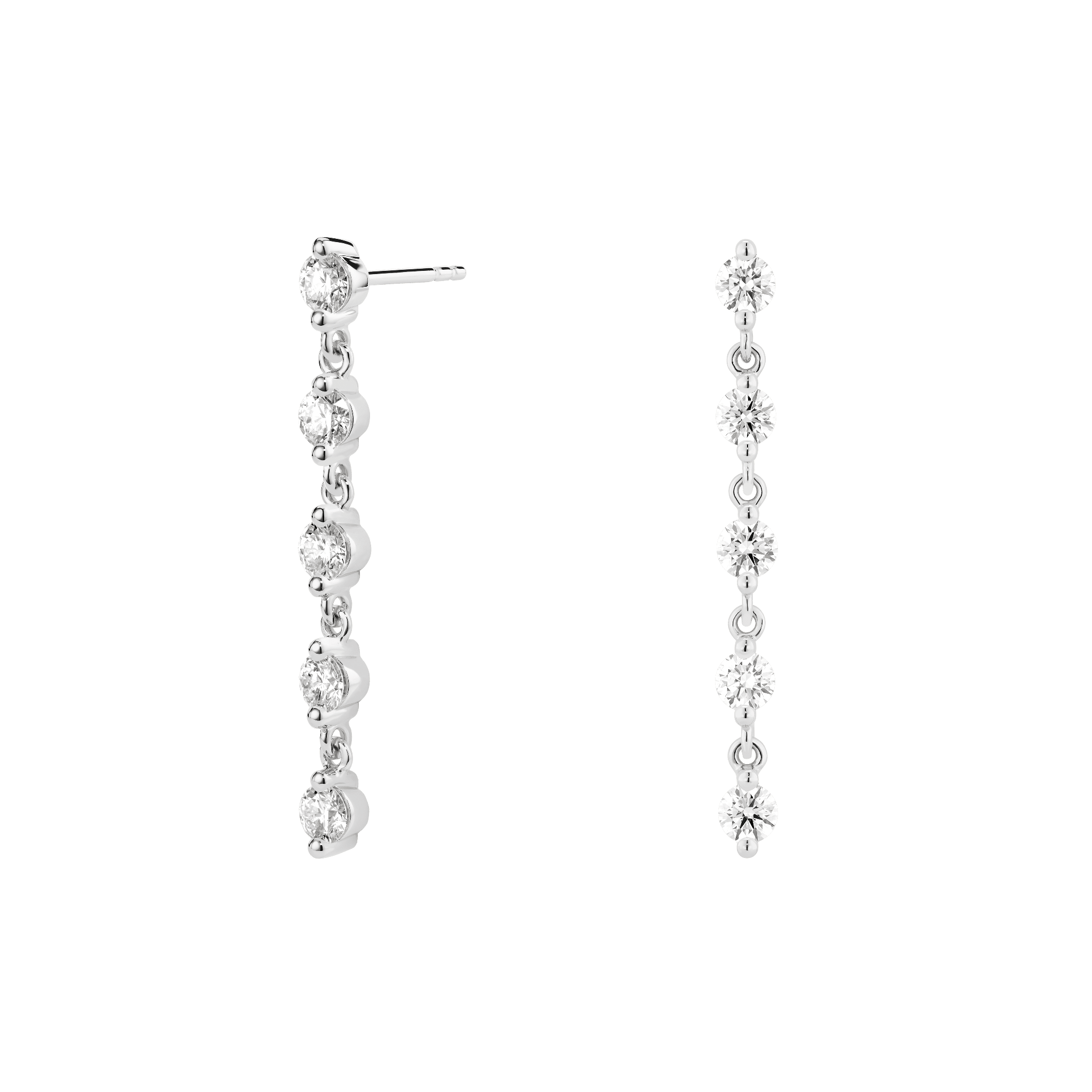 Side view of white gold 1.5 carat total weight line drop earrings