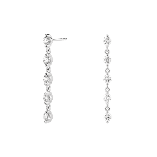 Side view of white gold 1.5 carat total weight line drop earrings