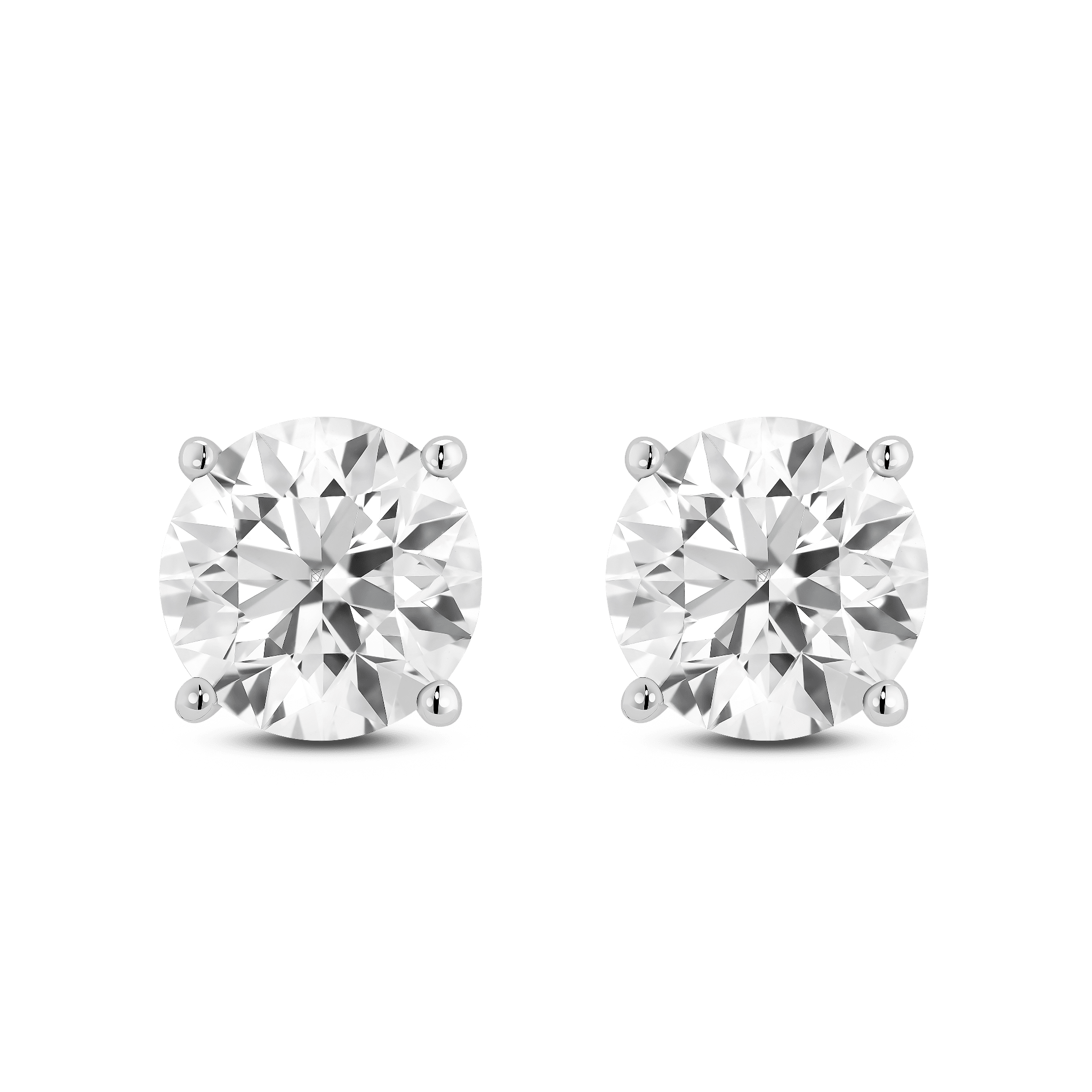 Front view of white gold, lab-grown 4 carat total weight round brilliant studs