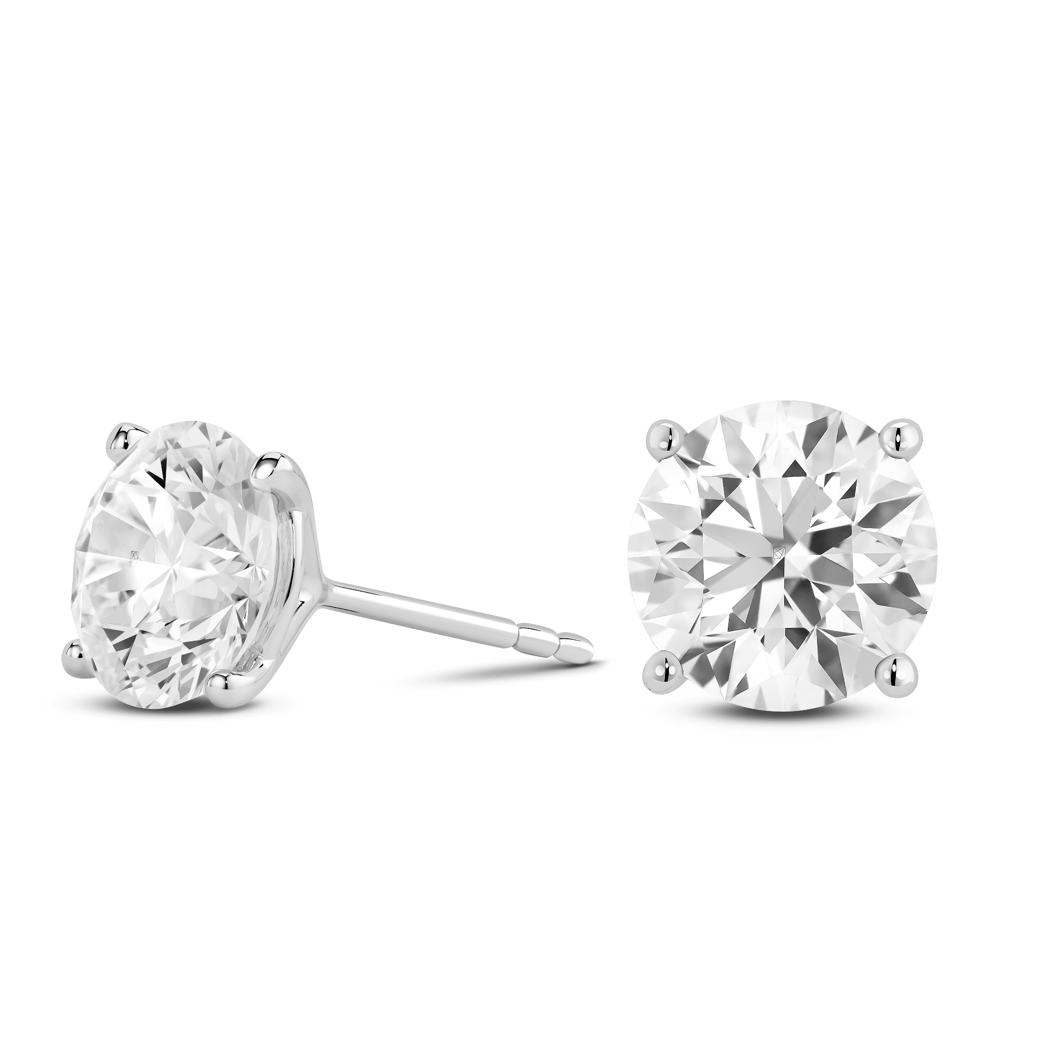 Side view of white gold, lab-grown 4 carat total weight round brilliant studs