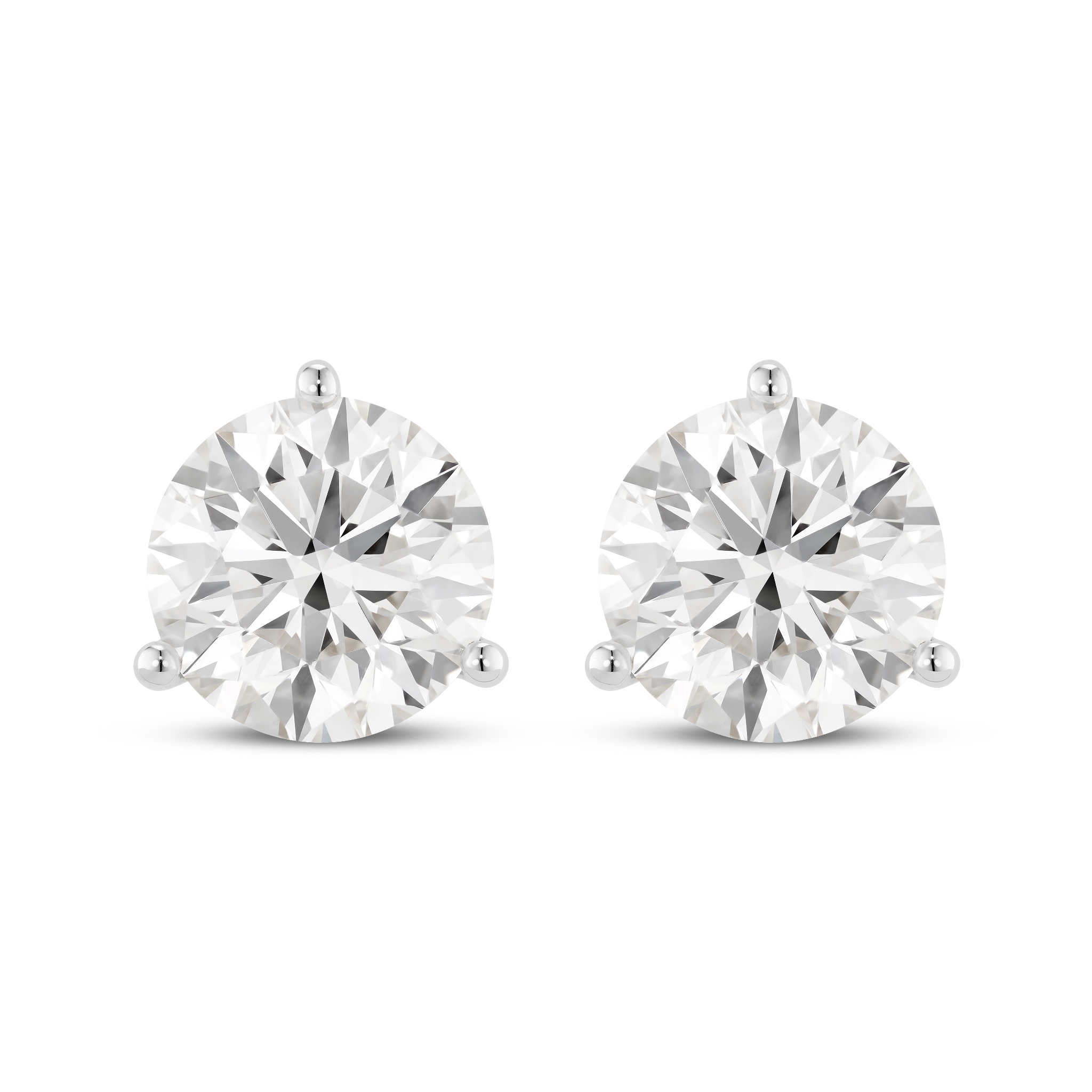 Front view of white gold, lab-grown 5 carat total weight round brilliant studs