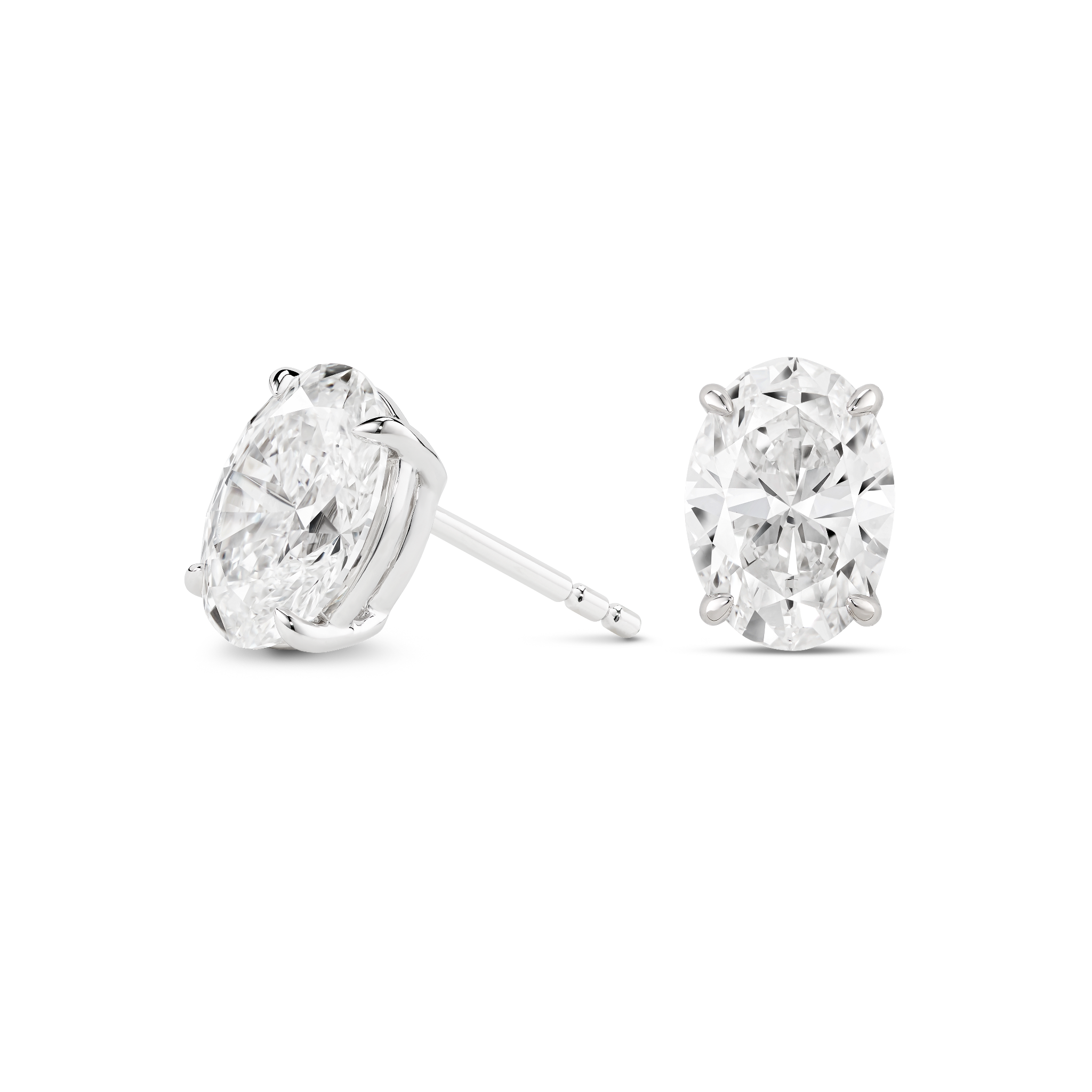 Side view of white gold 2 carat total weight lab-grown oval cut studs