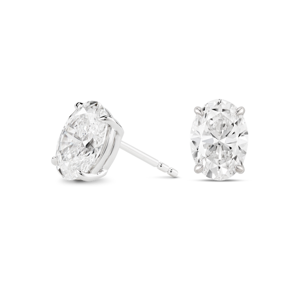 Side view of white gold 2 carat total weight lab-grown oval cut studs