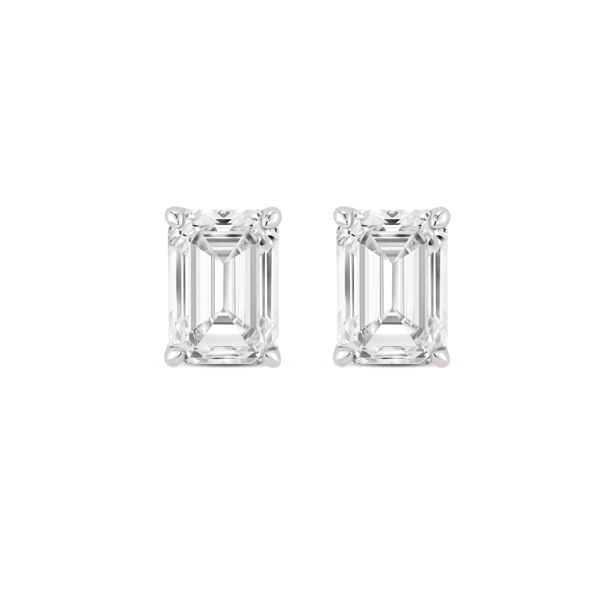 Front view of white gold 2 carat total weight lab-grown emerald cut studs