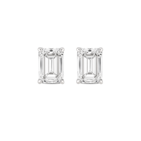 Front view of white gold 2 carat total weight lab-grown emerald cut studs