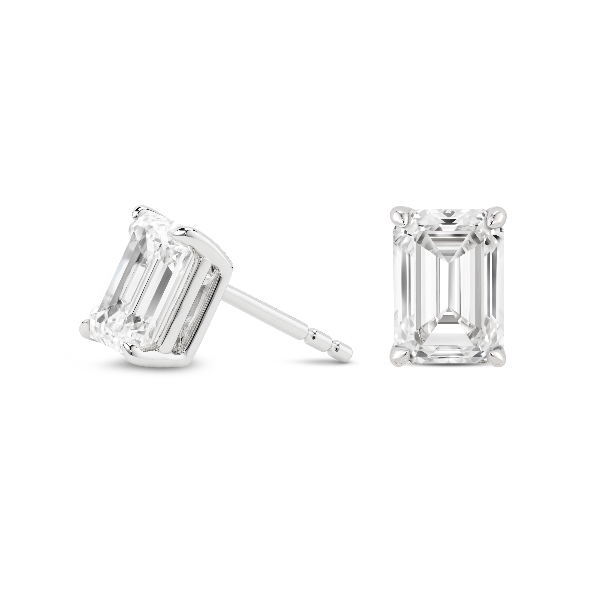 Side view of white gold 2 carat total weight lab-grown emerald cut studs