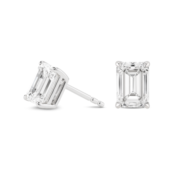 Side view of white gold 2 carat total weight lab-grown emerald cut studs