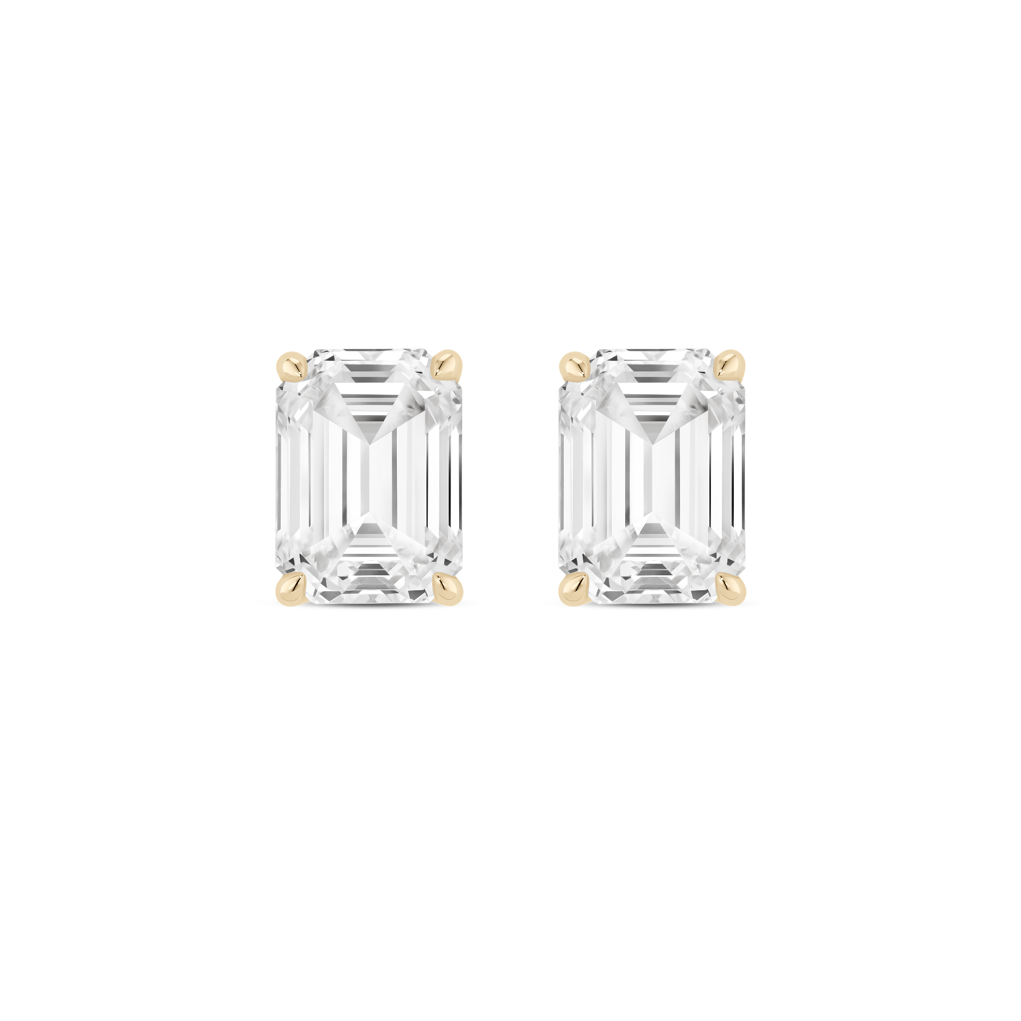 Front view of yellow gold 2 carat total weight lab-grown emerald cut studs