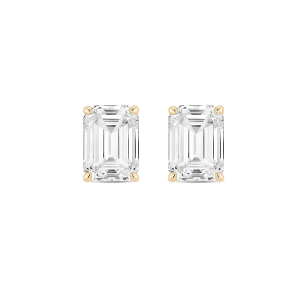 Front view of yellow gold 2 carat total weight lab-grown emerald cut studs