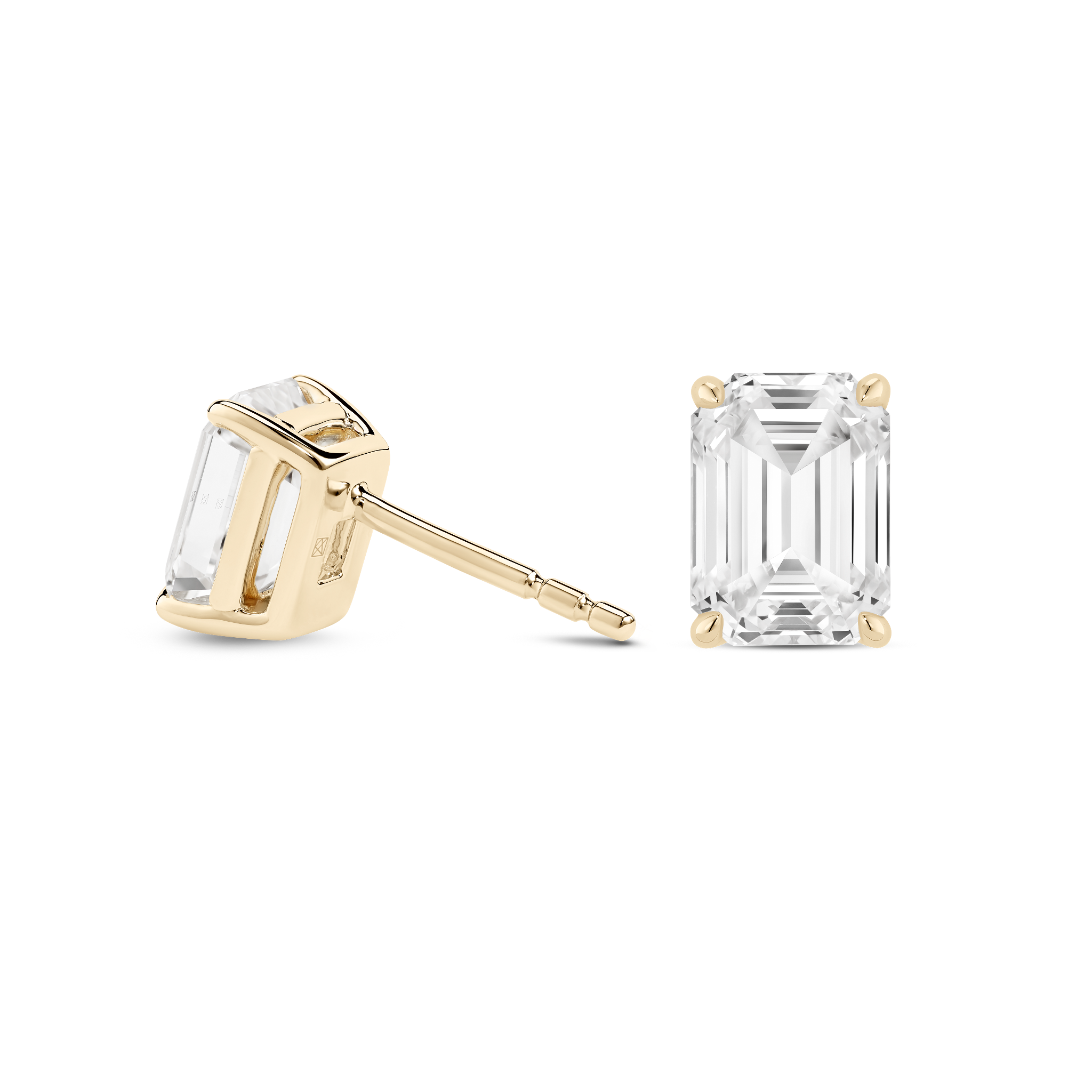 Back view of yellow gold 2 carat total weight lab-grown emerald cut studs