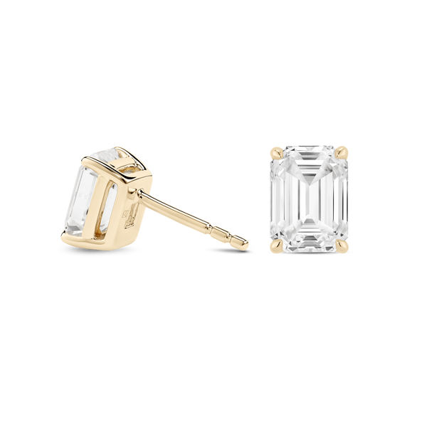 Back view of yellow gold 2 carat total weight lab-grown emerald cut studs