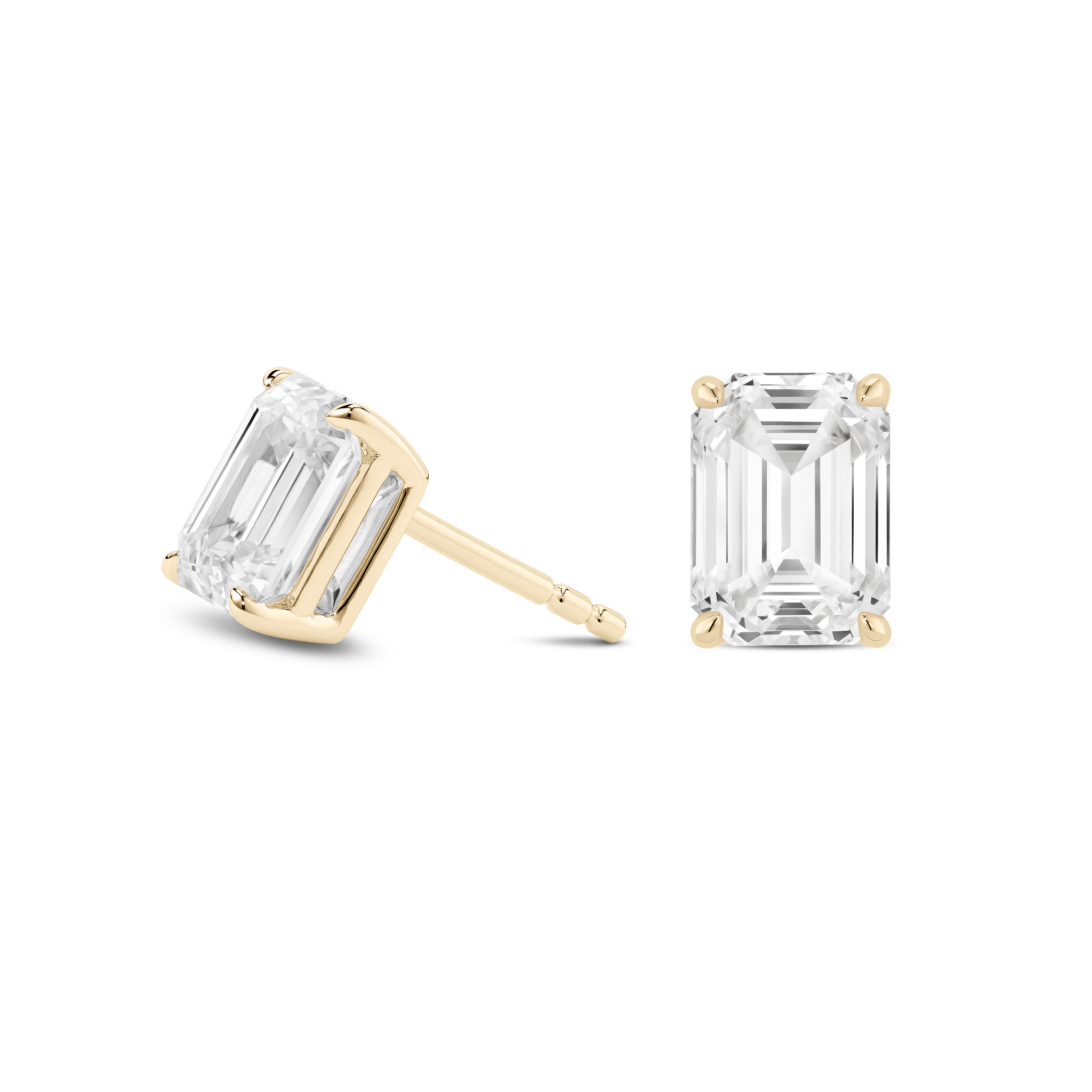 Side view of yellow gold 2 carat total weight lab-grown emerald cut studs