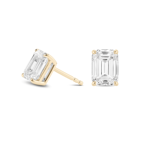 Side view of yellow gold 2 carat total weight lab-grown emerald cut studs